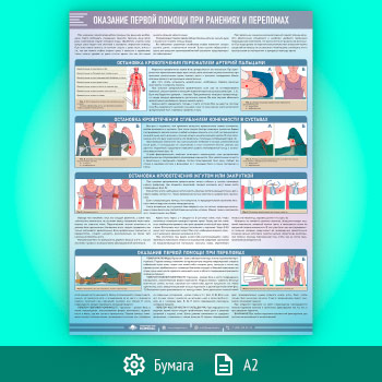 Плакат «Оказание первой помощи при ранениях и переломах» (М-128, ламинированная бумага, А2, 1 лист)